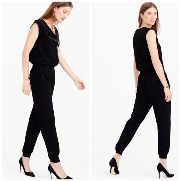 J.Crew Black Sleeveless Jumpsuit Angled Asymmetrical Front Zipper Jogger Size 2P - Picture 2 of 16